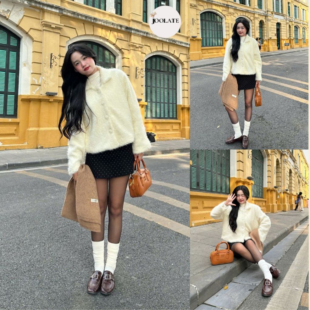 Áo Khoác Len lông xù nữ trắng cúc bọc cổ bẻ tiểu thư  Mặc Noel Là Xinh Joolate
