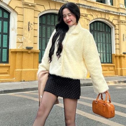 Áo Khoác Len lông xù nữ trắng cúc bọc cổ bẻ tiểu thư  Mặc Noel Là Xinh Joolate