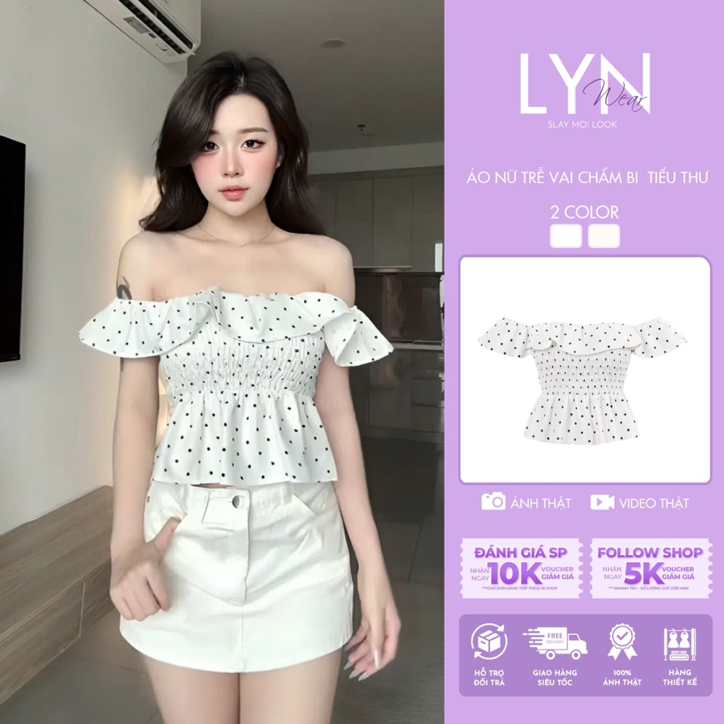 | LYN WEAR | Áo Trễ Vai Chấm Bi Nữ Dáng Babydoll Bo Eo – Đi Chơi Đi Cafe basic dễ phối