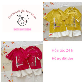 Áo dài cách tân đôi thêu bé trai bé gái 2 chi tiết 2 màu vàng đỏ, áo dài diện tết cho bé 10-30kg