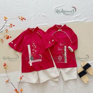 Áo dài cặp đôi cho bé trai bé gái sắc đỏ thêu hoa ,chim kèm quần, áo dài cho bé sz 8-26kg
