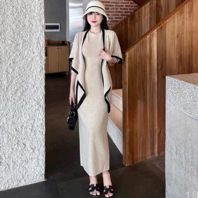 Váy len lông thỏ kèm khăn - Váy len tăm dáng dài cổ tròn kèm khăn viền đen sang chảnh sét váy body sang chảnh xoaistore