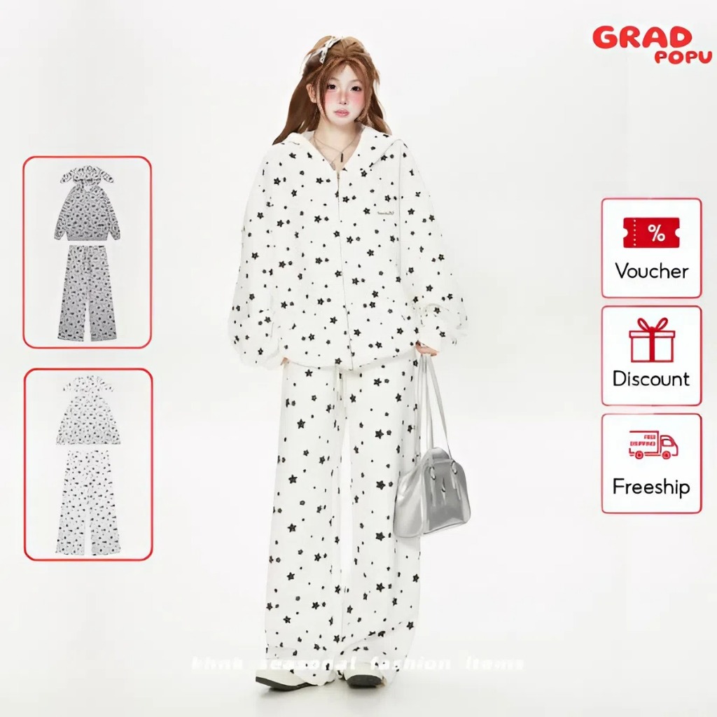 Bộ đồ nữ GRADPOPU tai thỏ hai mảnh in ngôi sao áo khoác cardigan trùm đầu dáng rộng thu đông AK126