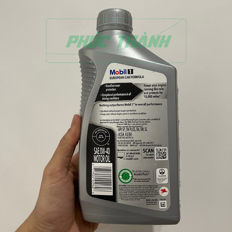 Thùng 6 Chai Dầu Nhớt Tổng Hợp Toàn Phần Ô-Tô MOBIL 1 European Car Formula 0W40 946ml Nhập Khẩu USA - Chính Hãng