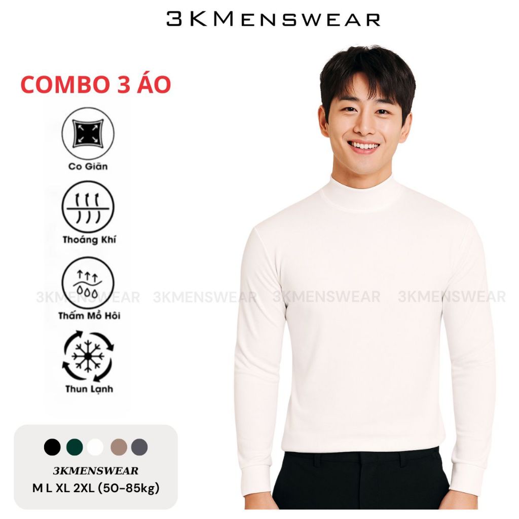 Áo giữ nhiệt, áo thun thể thao dài tay 3KMENSWEAR chất liệu thun gân tăm co giãn 4 chiều (Combo 2-3)