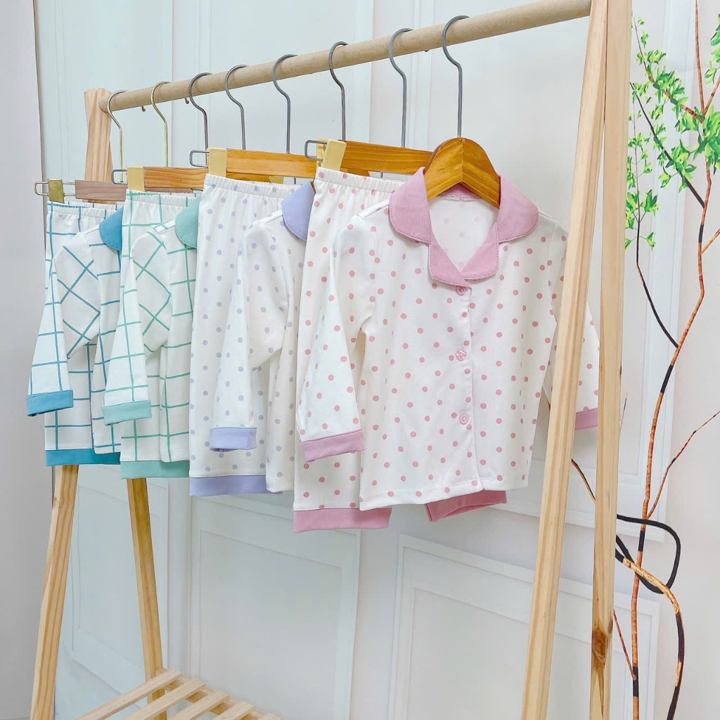 Pijama cho bé Lá Homewear A347, bộ dài tay bé trai gái họa tiết kẻ chấm bi Lyocell Cotton mềm mướt