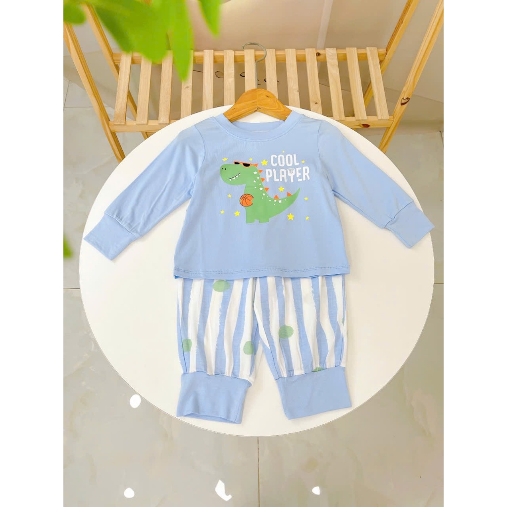 Bộ dài tay cho bé trai gái sợi sồi Modal Lá Homewear A333, đồ ngủ cho bé bo tay chân hình khủng long