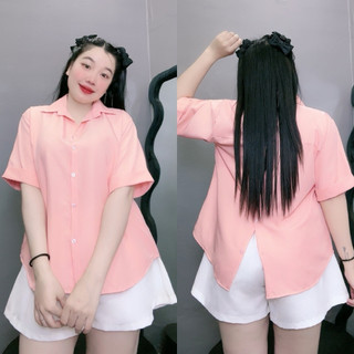 Áo Sơ Mi Nữ Bigsize Tay Ngắn Kiểu Xẻ Tà Lưng Phối Cúc Dễ Thương Mặc Đi Chơi Đi Học - AT10