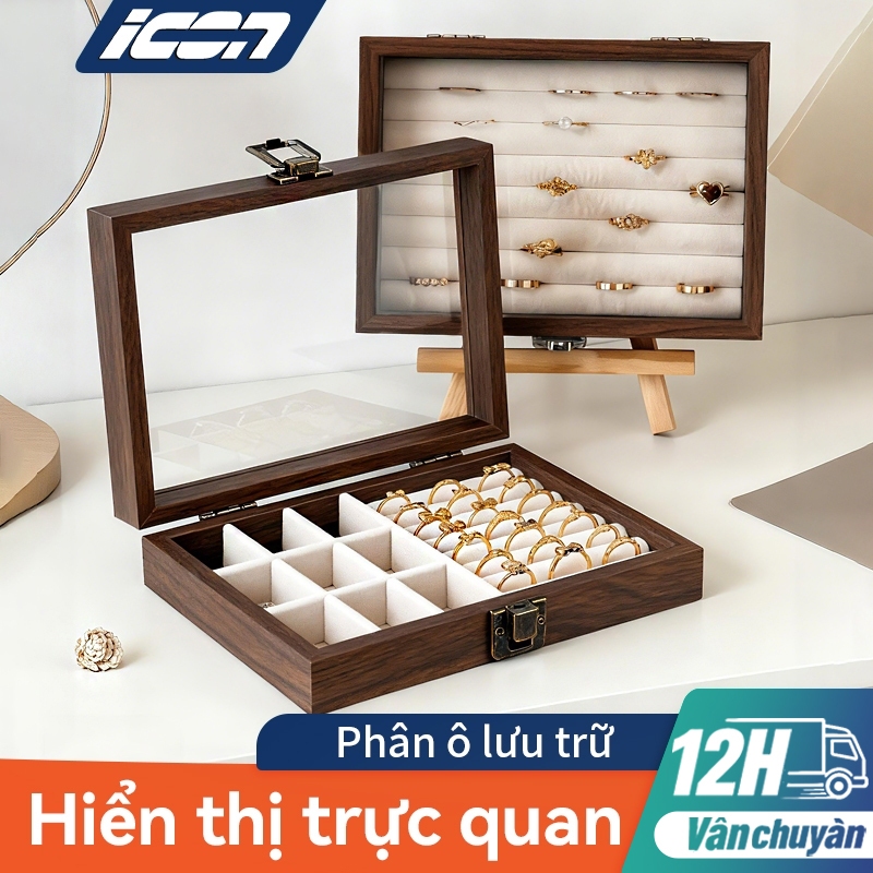 Hộp Trang Sức Gỗ Tự Nhiên ICON - Nắp Kính Trong Suốt, Phân Ô Lưu Trữ, Chống Bụi & Trưng Bày