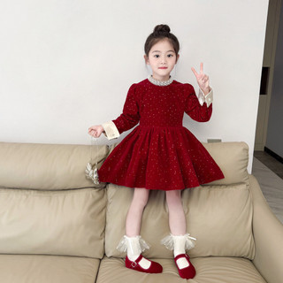 order quảng châu- váy nhung bling đỏ cổ cao đính đá cho bé gái