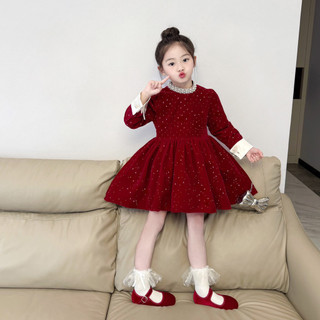 order quảng châu- váy nhung bling đỏ cổ cao đính đá cho bé gái