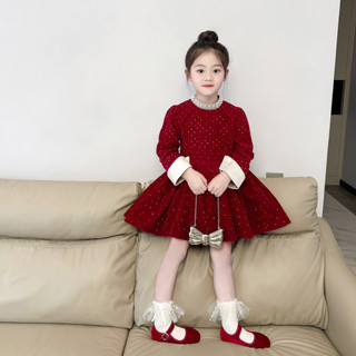 order quảng châu- váy nhung bling đỏ cổ cao đính đá cho bé gái