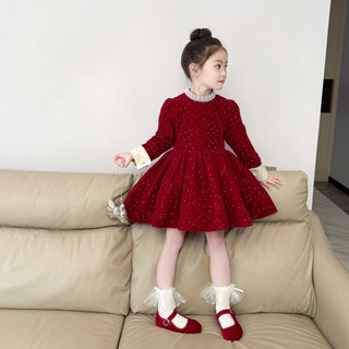 order quảng châu- váy nhung bling đỏ cổ cao đính đá cho bé gái