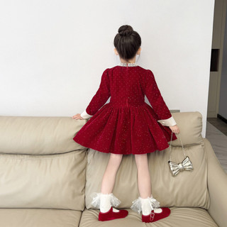order quảng châu- váy nhung bling đỏ cổ cao đính đá cho bé gái