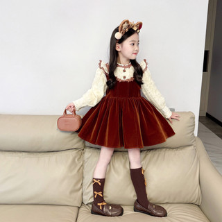 order quảng châu- váy nhung đỏ phối trắng kem xinh cho bé