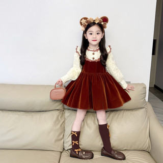 order quảng châu- váy nhung đỏ phối trắng kem xinh cho bé