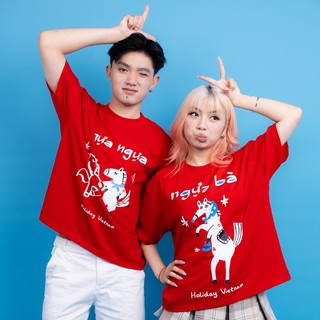 Áo thun oversize unisex màu đỏ màu đen Ngựa ngựa Ngựa bà Tết 2026 hài hước