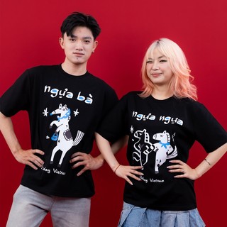 Áo thun oversize unisex màu đỏ màu đen Ngựa ngựa Ngựa bà Tết 2026 hài hước