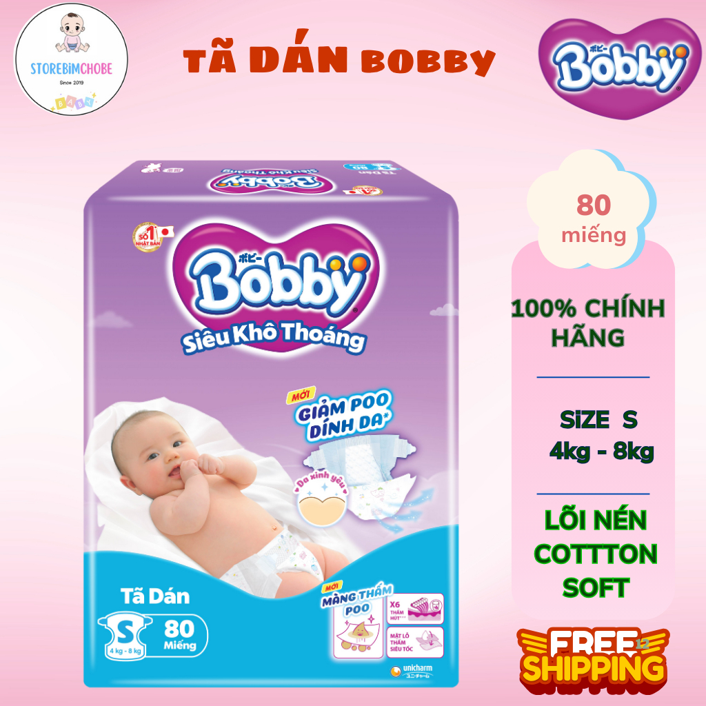 Bỉm Tã Dán Bobby S80/M76/L68/XL62/XXL56 Gạo Non - Lõi nén cotton-soft 3mm