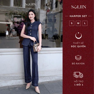 Set Áo Bò Peplum Khuy Kim Loại Phối Quần Suông SOLIIN Denim Xanh Đen Công Sở Thanh Lịch HARPER SET