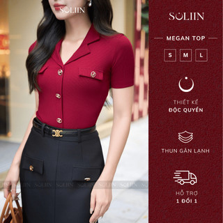 [SALE 50% OUTLET ITEM] Áo Thun Kiểu Nữ Ngắn Tay Cổ Vest SOLIIN Khuy Kim Loại  Phong Cách Công Sở Thanh Lịch MEGAN TOP
