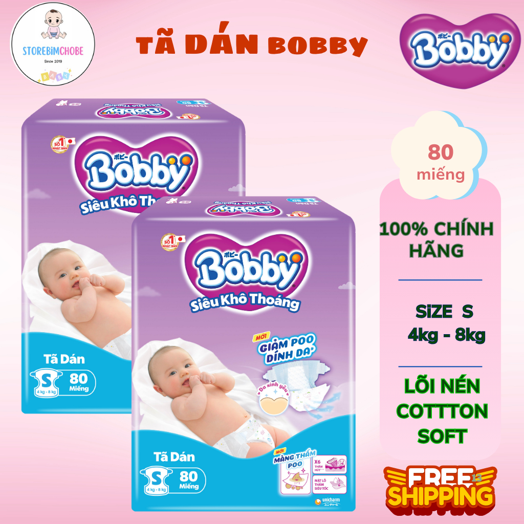 Combo 2g Bỉm Tã Dán Bobby S80/M76/L68/XL62/XXL56 Gạo Non - Lõi nén cotton-soft 3mm