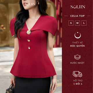 [SALE 50% OUTLET ITEM] Áo Peplum Cổ V Thiết Kế Tôn Eo Đính Cúc Kim Loại SOLIIN Đỏ/Đen Thanh Lịch Công Sở CELIA TOP
