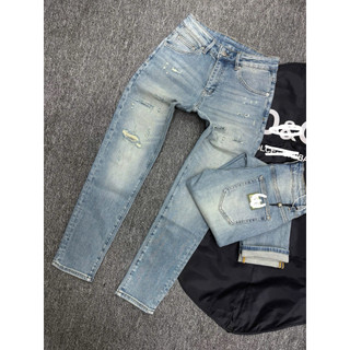 Quần Jean Nam xanh Wash rách Trơn Form Slim Fit Tiết Thời Trang quảng châu 1:1
