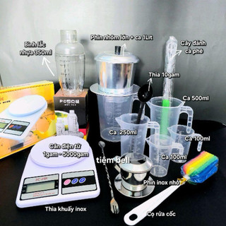 Bộ dụng cụ pha cà phê như hình (Phin nhôm lớn, cân ,cây đánh cf, thìa khuấy, ly định lượng, phin inox nhỏ, bình lắc ...)