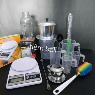 Bộ dụng cụ pha cà phê như hình (Phin nhôm lớn, cân ,cây đánh cf, thìa khuấy, ly định lượng, phin inox nhỏ, bình lắc ...)