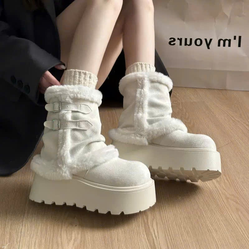 Giày Boots Nữ Da Nỉ Lót Lông Dày Dặn Đế Bánh Mì Chống Trượt Cao 6cm Ấm Áp Phù Hợp Mùa Đông B27_NT Shoes