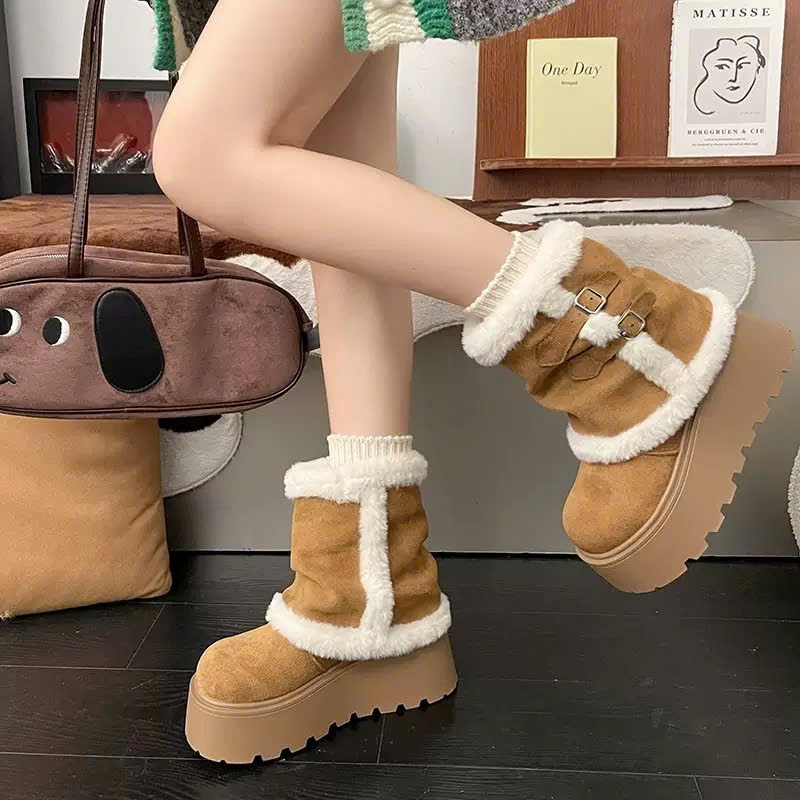 Giày Boots Nữ Da Nỉ Lót Lông Dày Dặn Đế Bánh Mì Chống Trượt Cao 6cm Ấm Áp Phù Hợp Mùa Đông B27_NT Shoes