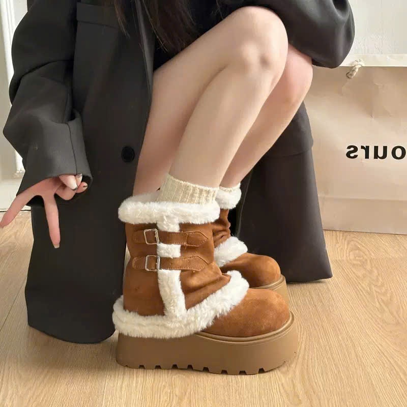 Giày Boots Nữ Da Nỉ Lót Lông Dày Dặn Đế Bánh Mì Chống Trượt Cao 6cm Ấm Áp Phù Hợp Mùa Đông B27_NT Shoes