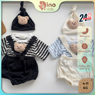 Set yếm gấu 3 chi tiết cho bé trai, bé gái 4-11Kg. Body kèm áo gấu và mũ chóp cho bé. Dino Kids