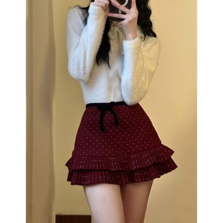 Chân Váy Ngắn Chất Dạ Có Quần Bảo Hộ Họa Tiết Chấm Bi Đính Nơ Cvchambi518