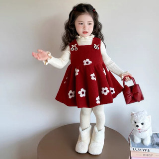 order quảng châu- váy đỏ hoa trắng + áo len trắng xinh cho bé gái