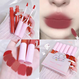 Son 6pcs thỏi dễ thương thiết lập với nhung trắng giữ ẩm son môi lì lâu dài không phai