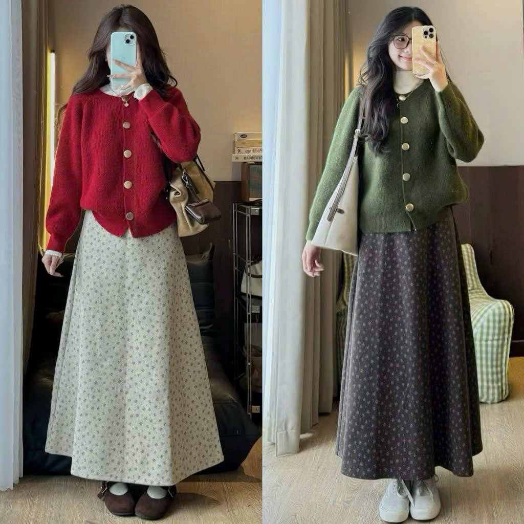Chân Váy Dạ  Hoạ Tiết Hoa Nhí Dáng Dài Xoè – Dạ Dày Mềm, Cạp Chun Co Giãn, Thanh Lịch Nữ Tính Joolate