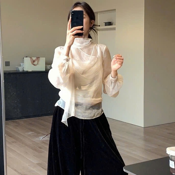 Áo sơ mi nữ tơ óng voan dài tay cổ nơ sang trọng Joolate form rộng dài tay Áo sơ mi công sở nữ Hàn Quốc 534 P12