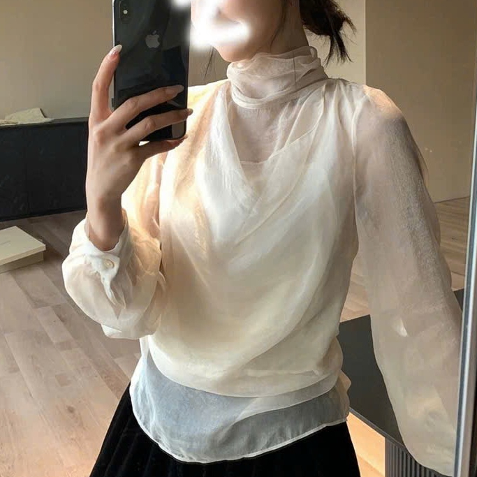 Áo sơ mi nữ tơ óng voan dài tay cổ nơ sang trọng Joolate form rộng dài tay Áo sơ mi công sở nữ Hàn Quốc 534 P12