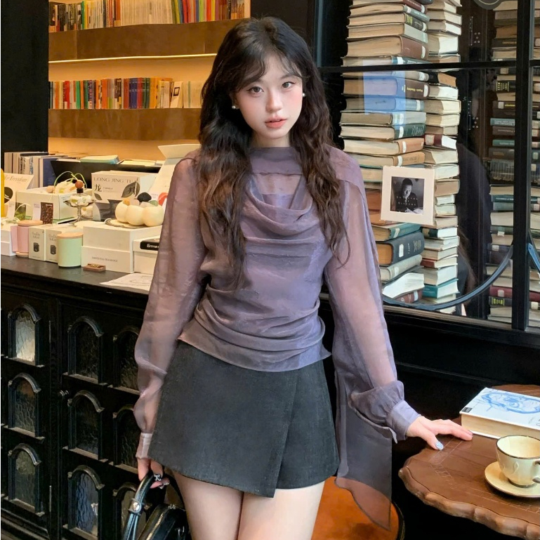 Áo sơ mi nữ tơ óng voan dài tay cổ nơ sang trọng Joolate form rộng dài tay Áo sơ mi công sở nữ Hàn Quốc 534 P12