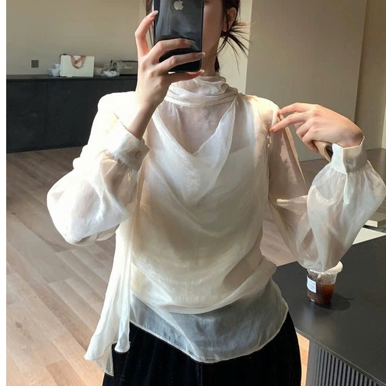 Áo sơ mi nữ tơ óng voan dài tay cổ nơ sang trọng Joolate form rộng dài tay Áo sơ mi công sở nữ Hàn Quốc 534 P12