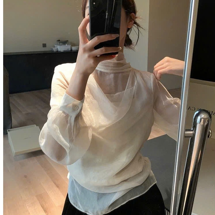 Áo sơ mi nữ tơ óng voan dài tay cổ nơ sang trọng Joolate form rộng dài tay Áo sơ mi công sở nữ Hàn Quốc 534 P12