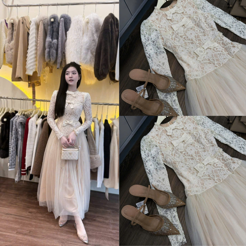 NH CLOTHER -Đầm Dạ Hội Ren Tay Dài Cổ Cao Sang Trọng, Thiết Kế Đính Nơ Xinh Xắn, Chân Váy Voan Xòe Bồng Lớp Kem Trắng