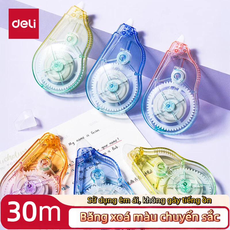 Băng Xóa Deli 20m/30m/40m – Nắp Gập, Thiết Kế 4 Màu Trong Suốt, Xóa Sạch, Khô Nhanh, Viết Đè Ngay