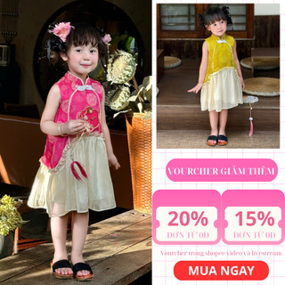 Đầm Sườn Xám Bé Gái Gấm Lụa Cao Cấp J7712 – Váy Áo Dài Cách Tân Trẻ Em Phối Tơ Ánh Mềm Mại