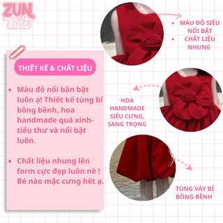 Váy Nhung Đỏ Công Chúa Bé Gái C6077 – Thiết Kế Tùng Bí Phồng, Hoa Handmade Xinh Xắn