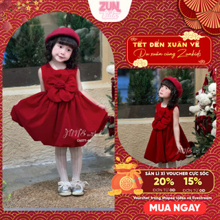 Váy Nhung Đỏ Công Chúa Bé Gái C6077 – Thiết Kế Tùng Bí Phồng, Hoa Handmade Xinh Xắn