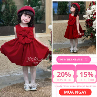 Váy Nhung Đỏ Công Chúa Bé Gái C6077 – Thiết Kế Tùng Bí Phồng, Hoa Handmade Xinh Xắn