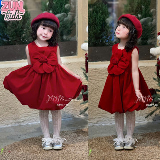Váy Nhung Đỏ Công Chúa Bé Gái C6077 – Thiết Kế Tùng Bí Phồng, Hoa Handmade Xinh Xắn